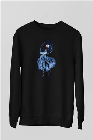 Ahtapot Baskılı Unisex Siyah Sweatshirt