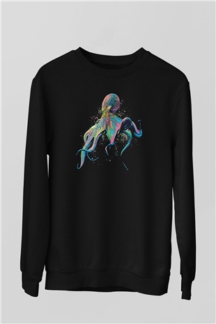 Ahtapot Baskılı Unisex Siyah Sweatshirt