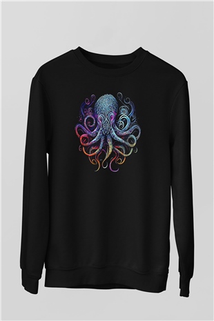Ahtapot Baskılı Unisex Siyah Sweatshirt