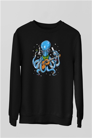 Ahtapot Baskılı Unisex Siyah Sweatshirt