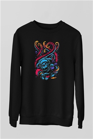 Ahtapot Baskılı Unisex Siyah Sweatshirt