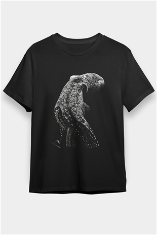 Ahtapot Baskılı Unisex Siyah Tişört - Tshirt