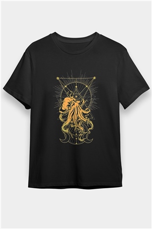 Ahtapot Baskılı Unisex Siyah Tişört - Tshirt