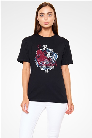 Ahtapot Baskılı Unisex Siyah Tişört - Tshirt
