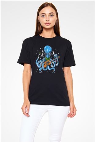 Ahtapot Baskılı Unisex Siyah Tişört - Tshirt