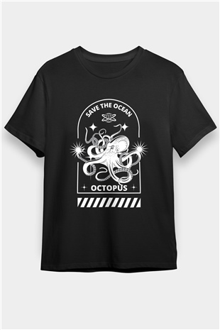 Ahtapot Baskılı Unisex Siyah Tişört - Tshirt