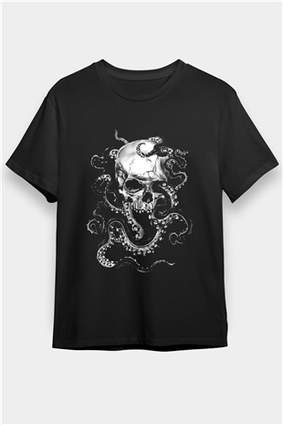 Ahtapot Baskılı Unisex Siyah Tişört - Tshirt