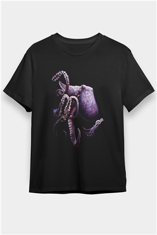 Ahtapot Baskılı Unisex Siyah Tişört - Tshirt