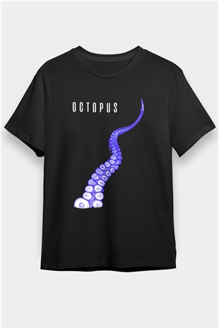 Ahtapot Baskılı Unisex Siyah Tişört - Tshirt