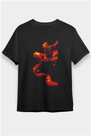 Ahtapot Baskılı Unisex Siyah Tişört - Tshirt