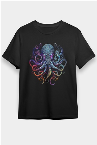 Ahtapot Baskılı Unisex Siyah Tişört - Tshirt
