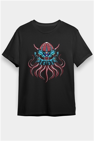 Ahtapot Baskılı Unisex Siyah Tişört - Tshirt