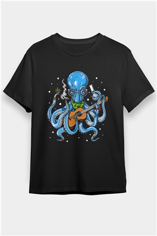 Ahtapot Baskılı Unisex Siyah Tişört - Tshirt