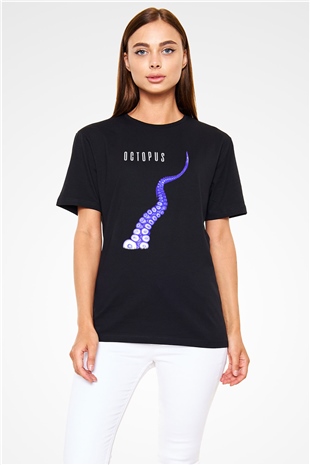 Ahtapot Baskılı Unisex Siyah Tişört - Tshirt