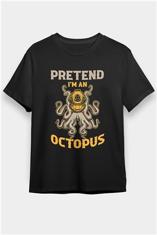Ahtapot Baskılı Unisex Siyah Tişört - Tshirt