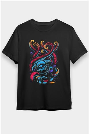 Ahtapot Baskılı Unisex Siyah Tişört - Tshirt