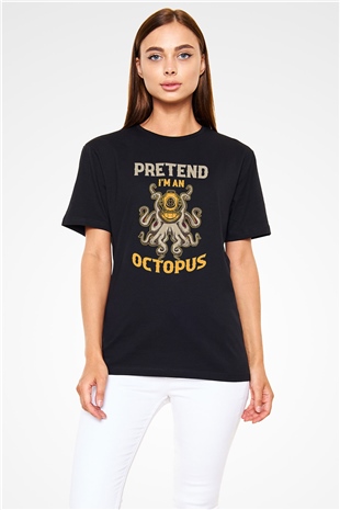 Ahtapot Baskılı Unisex Siyah Tişört - Tshirt