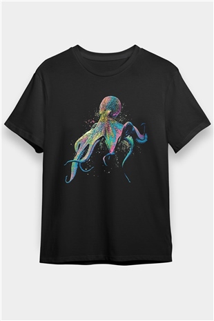 Ahtapot Baskılı Unisex Siyah Tişört - Tshirt