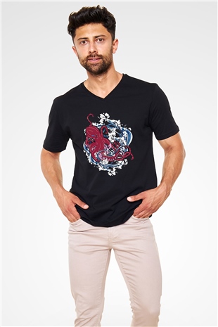 Ahtapot Baskılı Unisex Siyah V Yaka Tişört - Tshirt