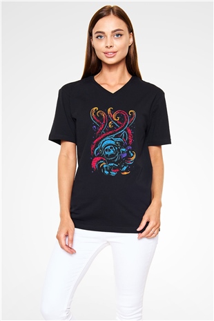 Ahtapot Baskılı Unisex Siyah V Yaka Tişört - Tshirt
