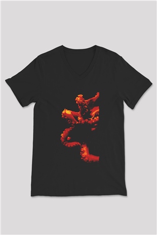 Ahtapot Baskılı Unisex Siyah V Yaka Tişört - Tshirt