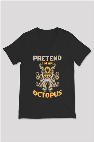 Ahtapot Baskılı Unisex Siyah V Yaka Tişört - Tshirt