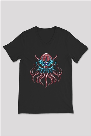 Ahtapot Baskılı Unisex Siyah V Yaka Tişört - Tshirt