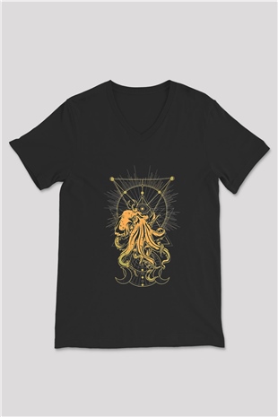 Ahtapot Baskılı Unisex Siyah V Yaka Tişört - Tshirt