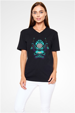 Ahtapot Baskılı Unisex Siyah V Yaka Tişört - Tshirt