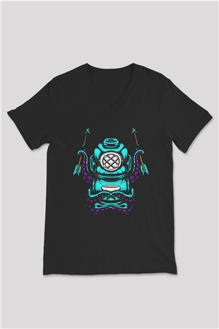 Ahtapot Baskılı Unisex Siyah V Yaka Tişört - Tshirt