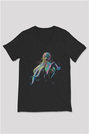 Ahtapot Baskılı Unisex Siyah V Yaka Tişört - Tshirt