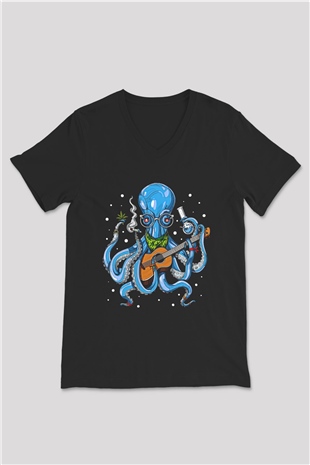 Ahtapot Baskılı Unisex Siyah V Yaka Tişört - Tshirt