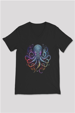 Ahtapot Baskılı Unisex Siyah V Yaka Tişört - Tshirt