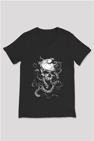 Ahtapot Baskılı Unisex Siyah V Yaka Tişört - Tshirt