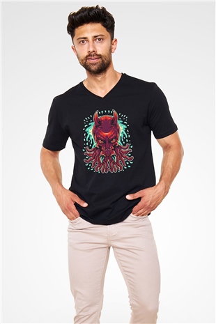 Ahtapot Baskılı Unisex Siyah V Yaka Tişört - Tshirt