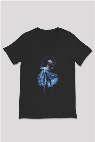 Ahtapot Baskılı Unisex Siyah V Yaka Tişört - Tshirt