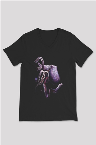 Ahtapot Baskılı Unisex Siyah V Yaka Tişört - Tshirt