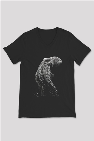 Ahtapot Baskılı Unisex Siyah V Yaka Tişört - Tshirt