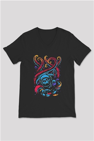 Ahtapot Baskılı Unisex Siyah V Yaka Tişört - Tshirt