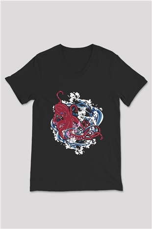 Ahtapot Baskılı Unisex Siyah V Yaka Tişört - Tshirt