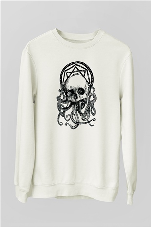 Ahtapot Kurukafa Baskılı Unisex Beyaz  Sweatshirt