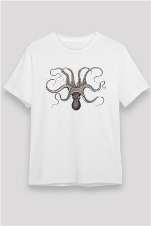 Ahtapot Unisex Baskılı Beyaz Tişört - Tshirt