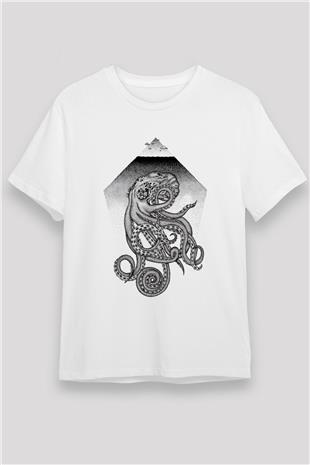 Ahtapot Unisex Baskılı Beyaz Tişört - Tshirt