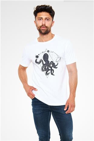 Ahtapot Unisex Baskılı Beyaz Tişört - Tshirt