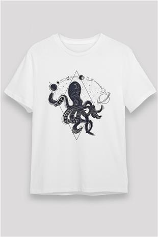Ahtapot Unisex Baskılı Beyaz Tişört - Tshirt