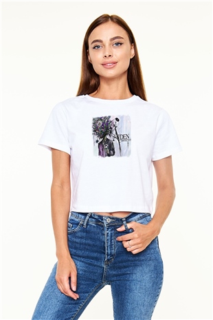 Aiden Baskılı Unisex Beyaz Crop Top Tişört