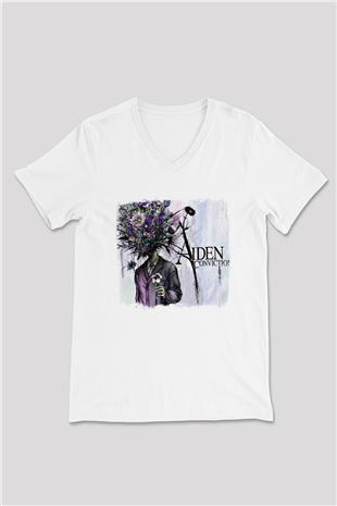 Aiden Baskılı Unisex Beyaz V Yaka Tişört