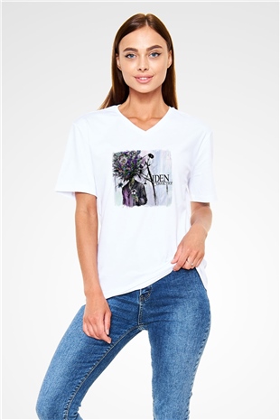 Aiden Baskılı Unisex Beyaz V Yaka Tişört