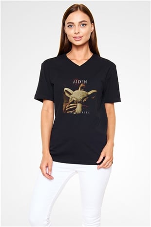 Aiden Baskılı Unisex Siyah V Yaka Tişört