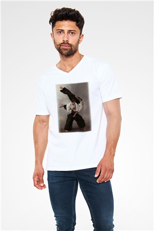 Aikido Baskılı Unisex Beyaz  V Yaka Tişört